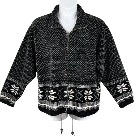 Cabelas Womens L Nordic Fair Isle Snowflake Zip-Up Fleece Black Sweater Jacket - Picture 1 of 16